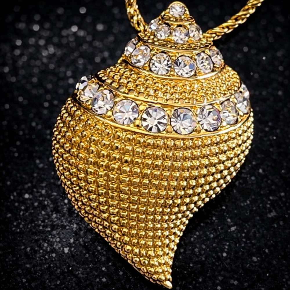 Kenneth Jay Lane KJL Seashell Gold Crystal Pendant Necklace Chain Brooch Pin QVC
